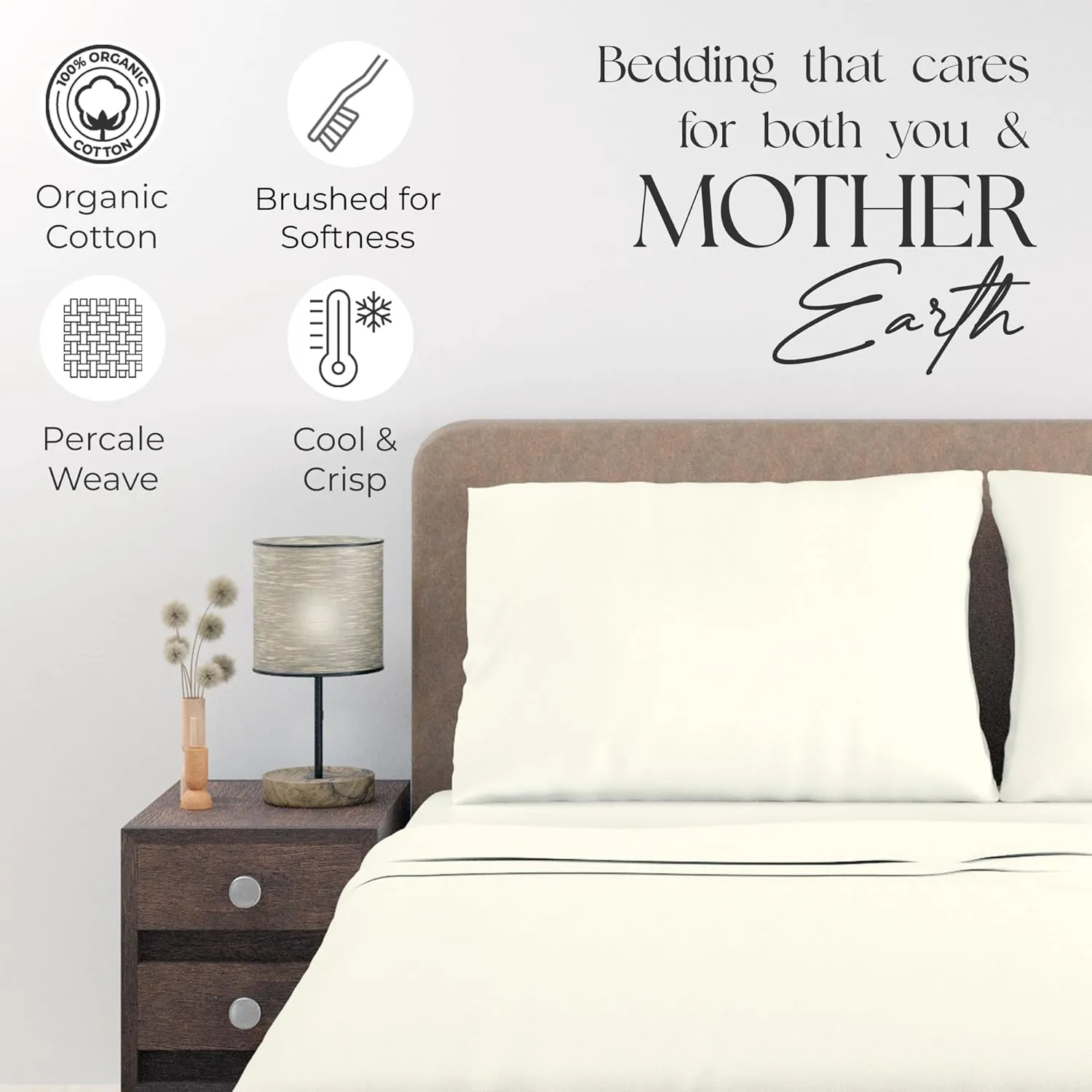 100% Cotton Full Size Bed Sheets, Organic Cotton Ivory Sheet Set, Cool & Crisp Percale Sheets, Lightweight & Breathable, Deep Pockets