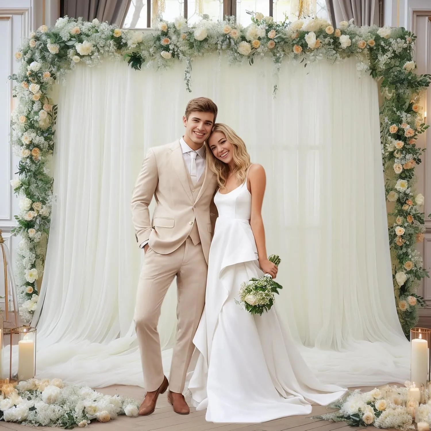10x10ft Ivory Tulle Backdrop Curtain for Parites, Sheer Backdrop Curtains for Wedding Baby Shower Birthday Party Photo Shoot Decorations