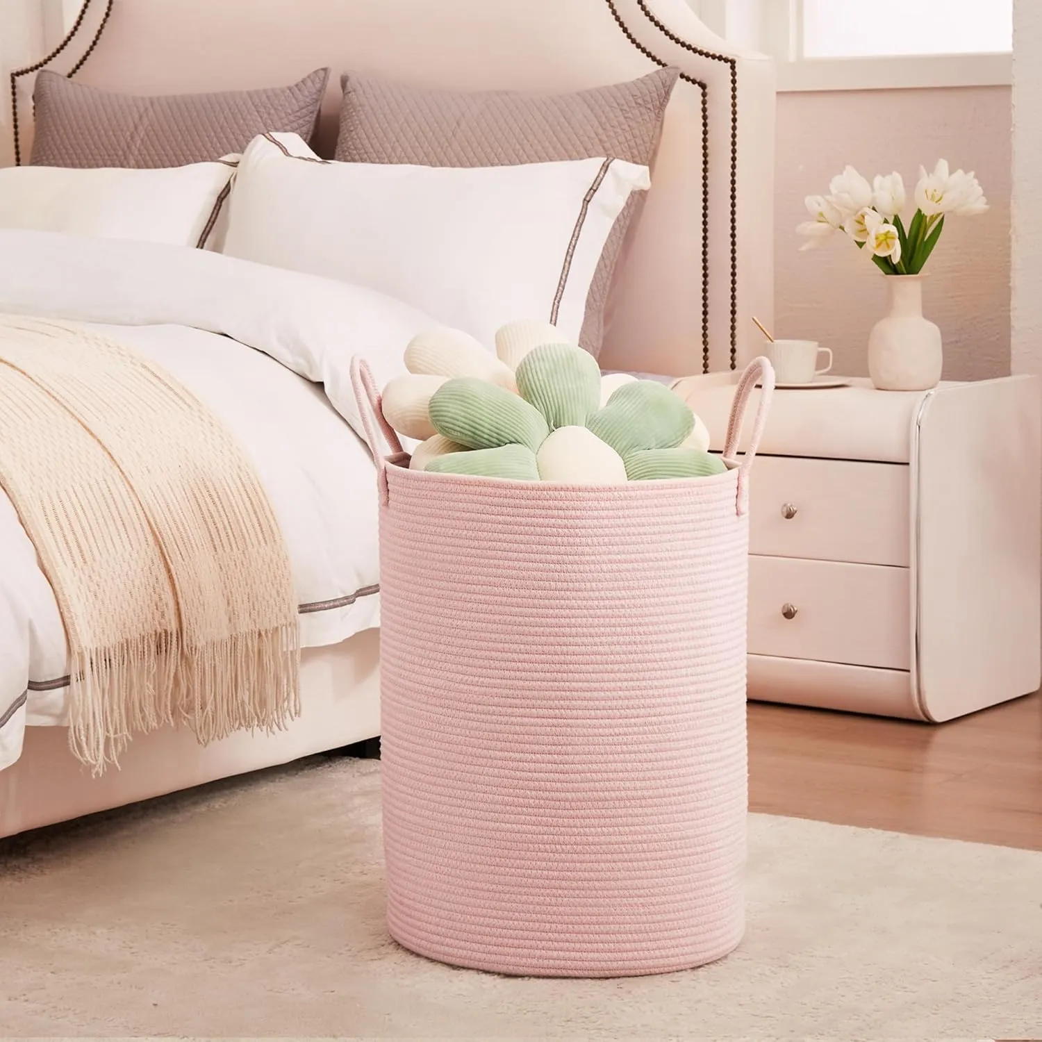 15Dx20H inches Large Pink Hamper Laundry Basket for Baby Kids Woven Rope Nursery Hamper for Girls Room Bedroom Kawaii Laundry Bin 60L Capacity