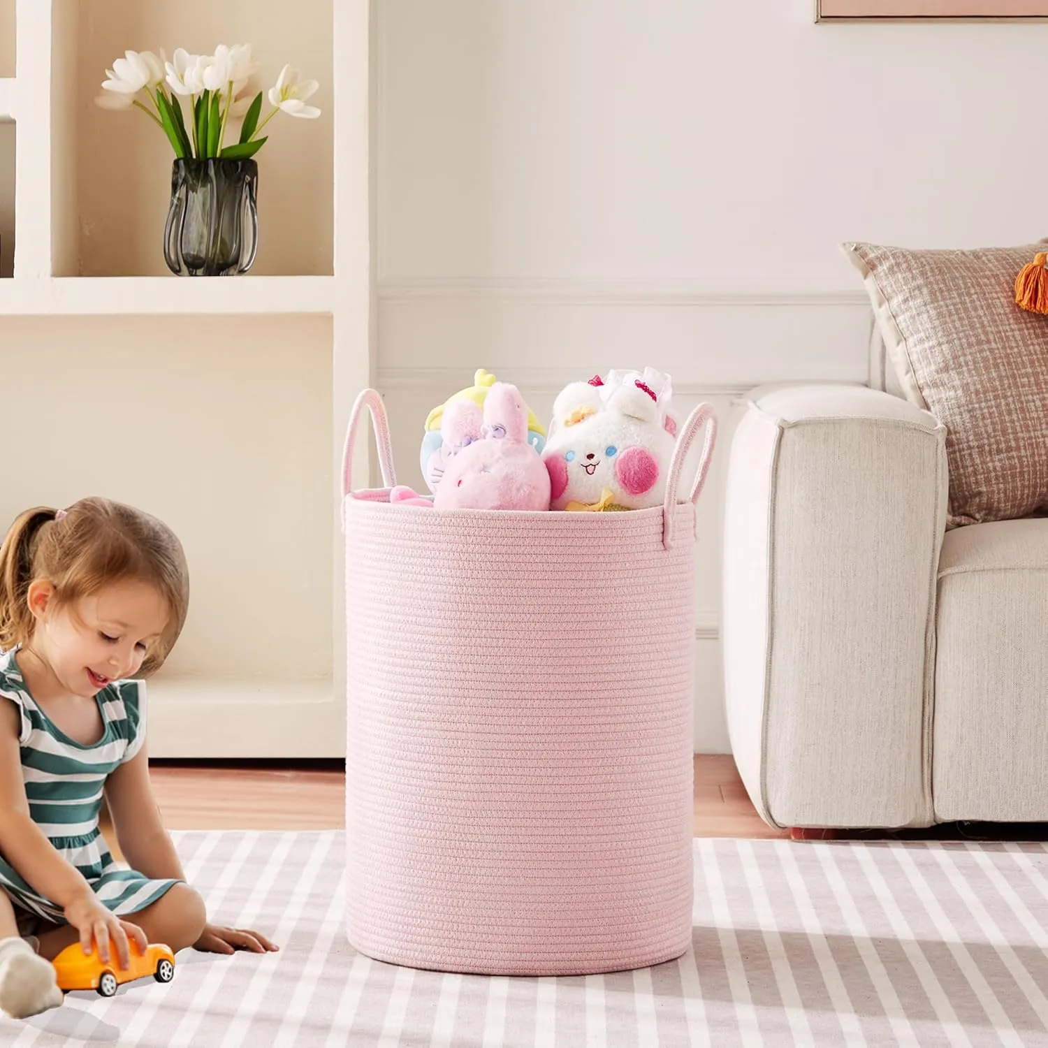 15Dx20H inches Large Pink Hamper Laundry Basket for Baby Kids Woven Rope Nursery Hamper for Girls Room Bedroom Kawaii Laundry Bin 60L Capacity