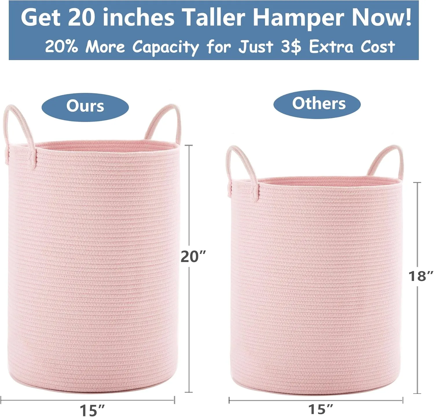 15Dx20H inches Large Pink Hamper Laundry Basket for Baby Kids Woven Rope Nursery Hamper for Girls Room Bedroom Kawaii Laundry Bin 60L Capacity