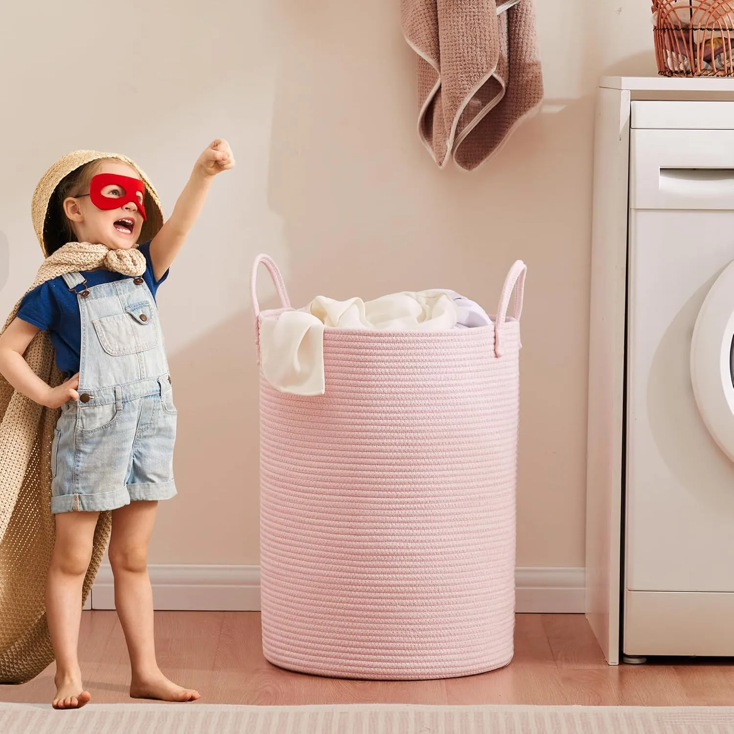 15Dx20H inches Large Pink Hamper Laundry Basket for Baby Kids Woven Rope Nursery Hamper for Girls Room Bedroom Kawaii Laundry Bin 60L Capacity