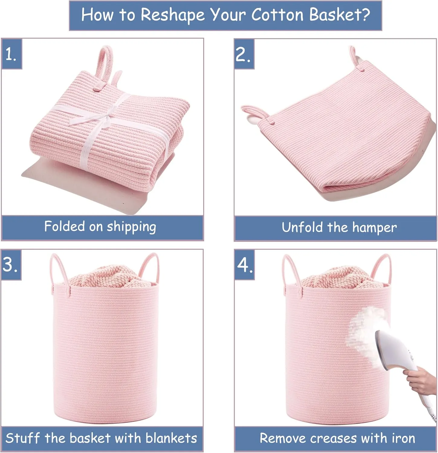 15Dx20H inches Large Pink Hamper Laundry Basket for Baby Kids Woven Rope Nursery Hamper for Girls Room Bedroom Kawaii Laundry Bin 60L Capacity