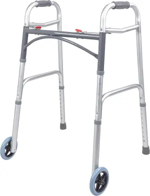 2 Button Folding Walker with Wheels, Folding Rolling Walker with 5" Front Wheel, Lightweight Walkers for Seniors and Adults Weighing Up to 350 Pounds, Adjustable Height, Silver