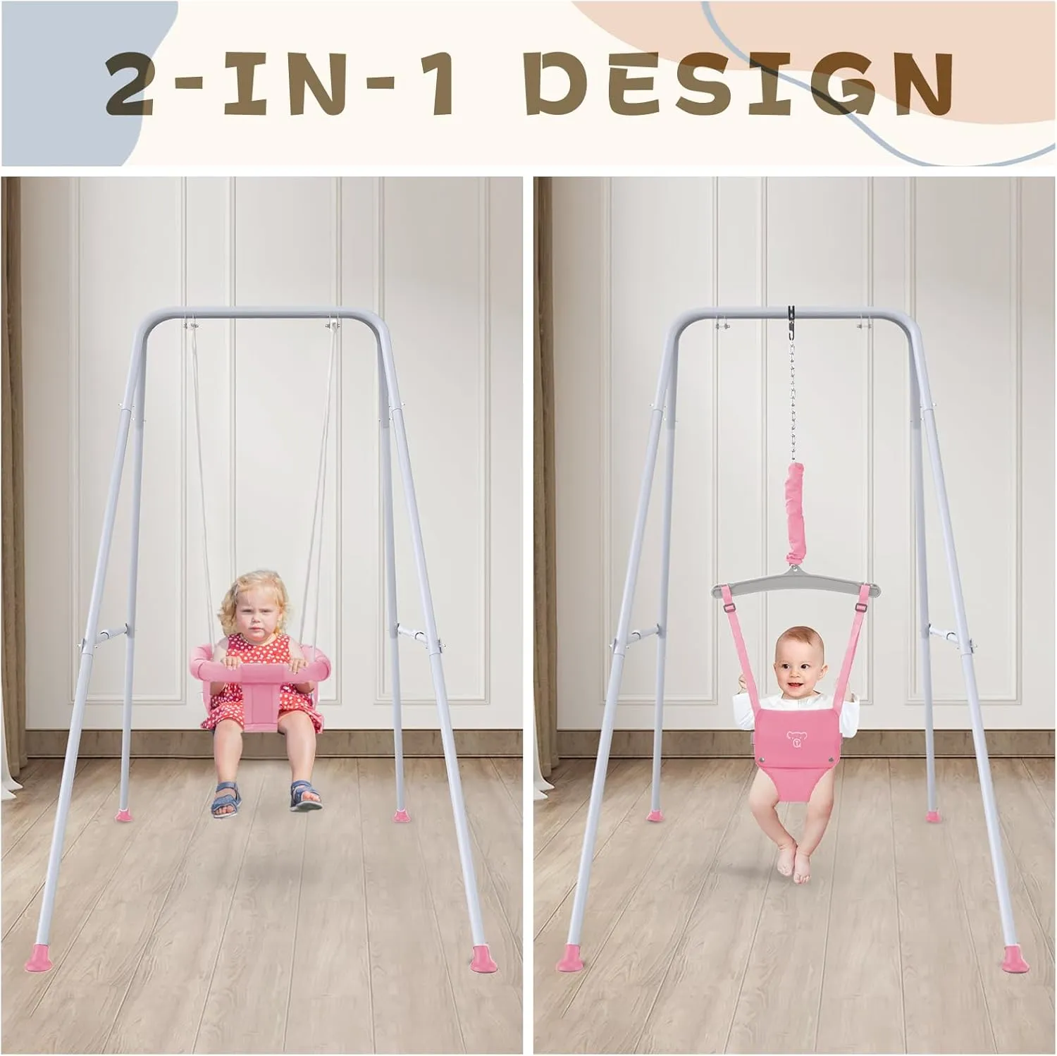2 in 1 Baby Jumper with Swing - Indoor and Outdoor Use, Toddler Swing with Foldable Stand （Pink）