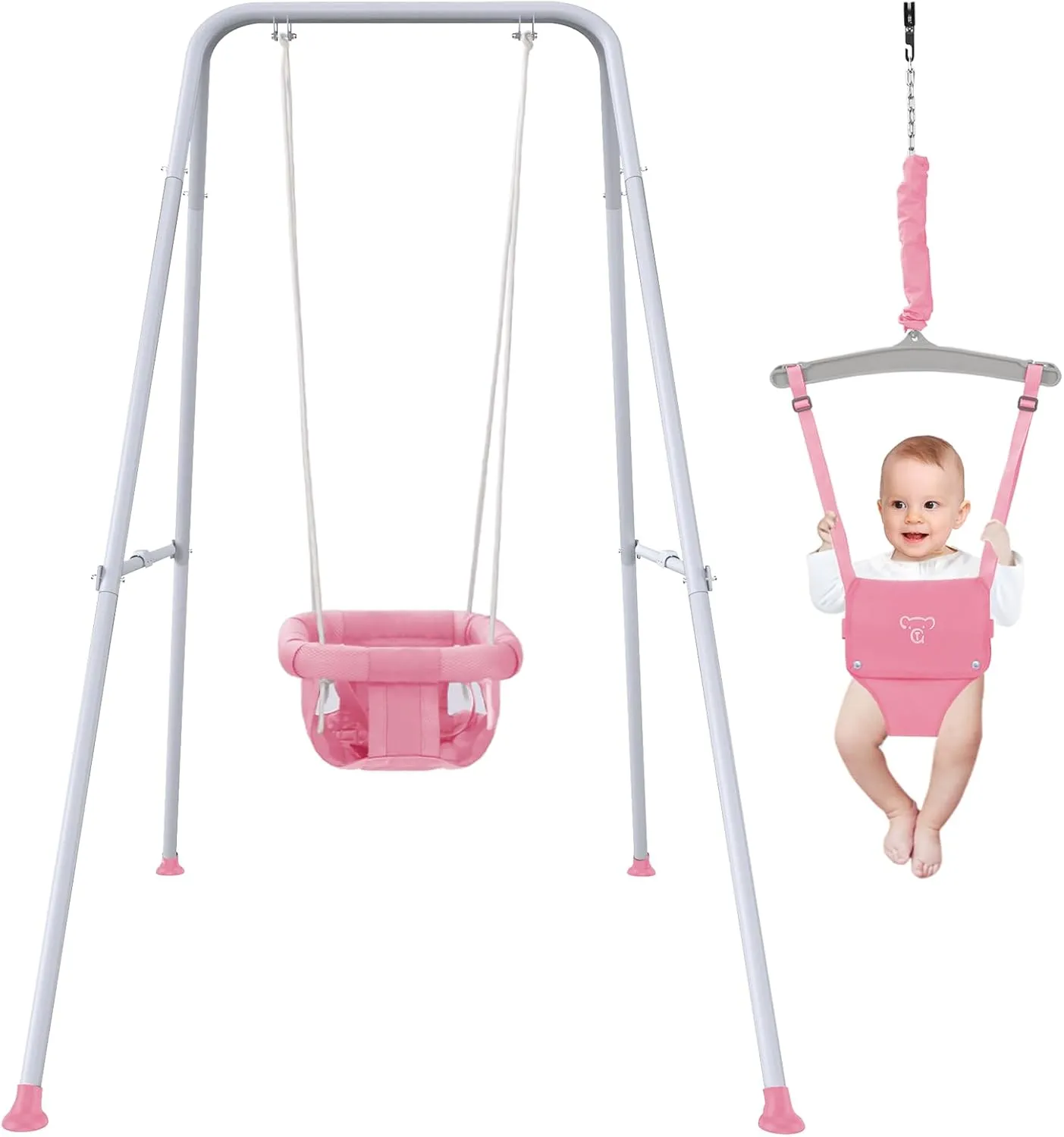 2 in 1 Baby Jumper with Swing - Indoor and Outdoor Use, Toddler Swing with Foldable Stand （Pink）