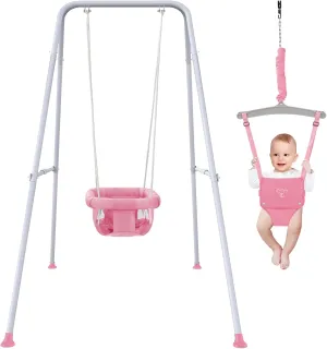 2 in 1 Baby Jumper with Swing - Indoor and Outdoor Use, Toddler Swing with Foldable Stand （Pink）