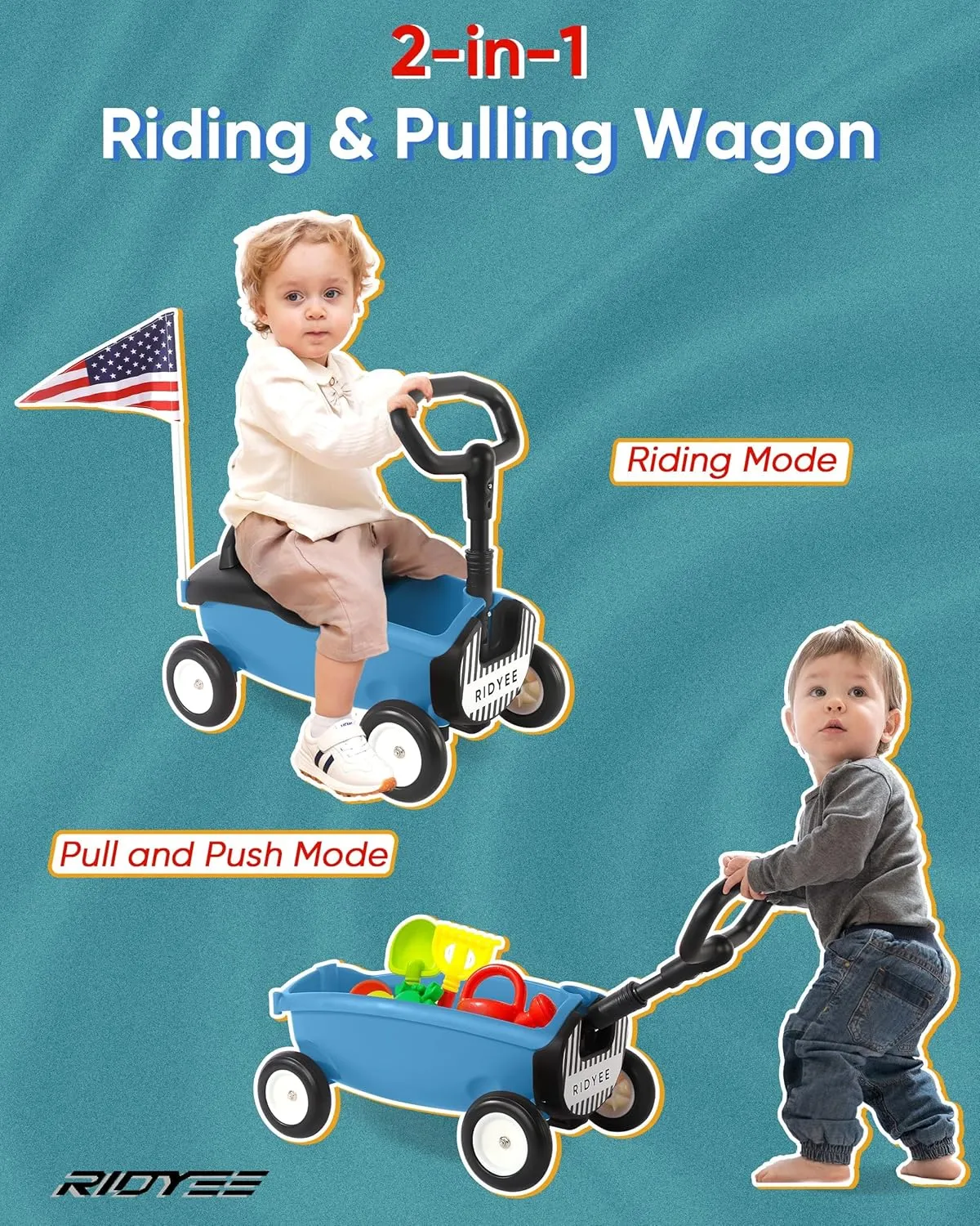 2-in-1 Toy Wagon for Toddlers 1-3, Kids Pull-Along with Removable Seat and Adjustable Handlebar, Baby Push Walker with 8L Large Basket, Steering Limit, DIY Sticker, Blue