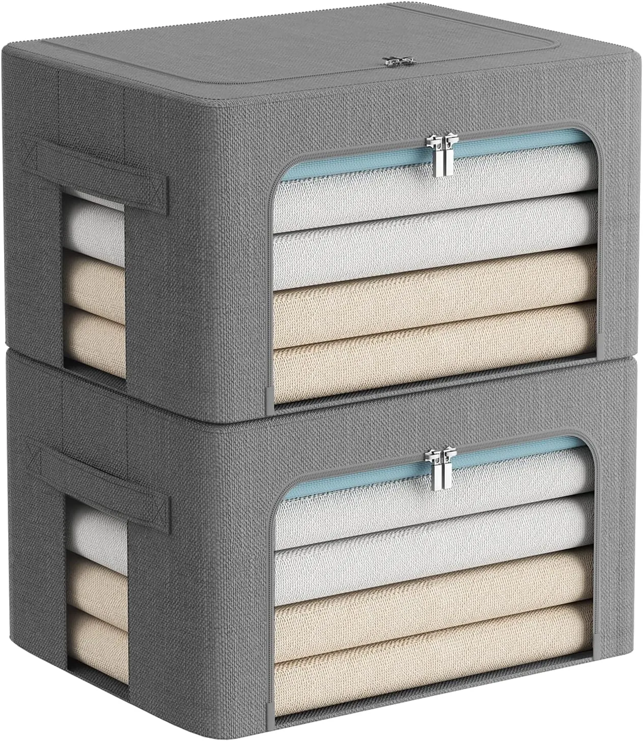 2 Pack Clear Window Storage Bins Foldable Fabric Storage Bins Boxes for Clothes Stackable Box Organizer Set with Carrying Handles (Gray,22L, 15.7x 11.8x 7.8 Inch)