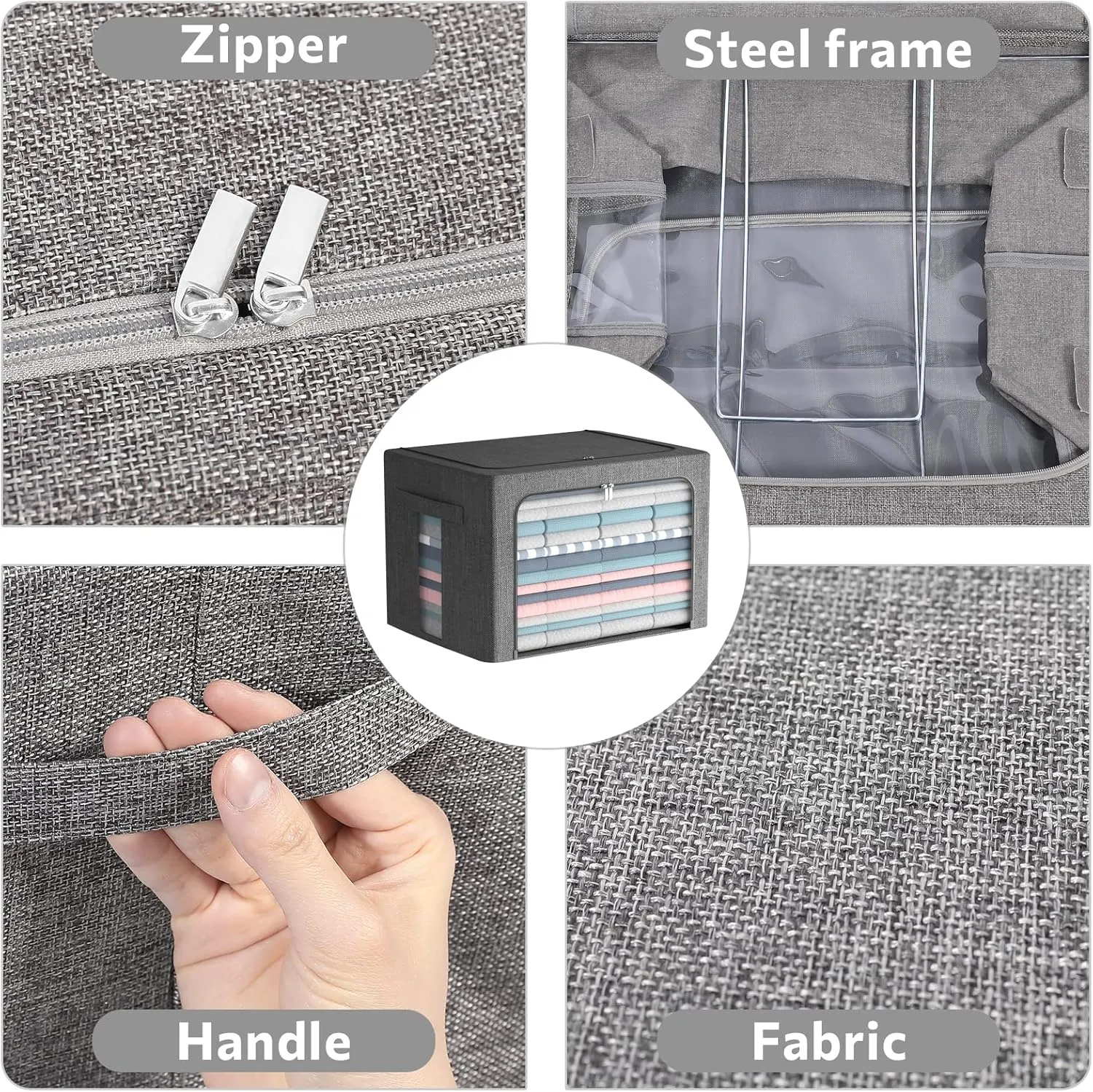 2 Pack Clear Window Storage Bins Foldable Fabric Storage Bins Boxes for Clothes Stackable Box Organizer Set with Carrying Handles (Gray,22L, 15.7x 11.8x 7.8 Inch)