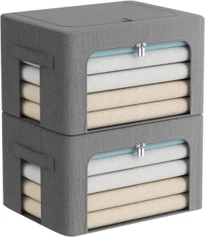 2 Pack Clear Window Storage Bins Foldable Fabric Storage Bins Boxes for Clothes Stackable Box Organizer Set with Carrying Handles (Gray,22L, 15.7x 11.8x 7.8 Inch)