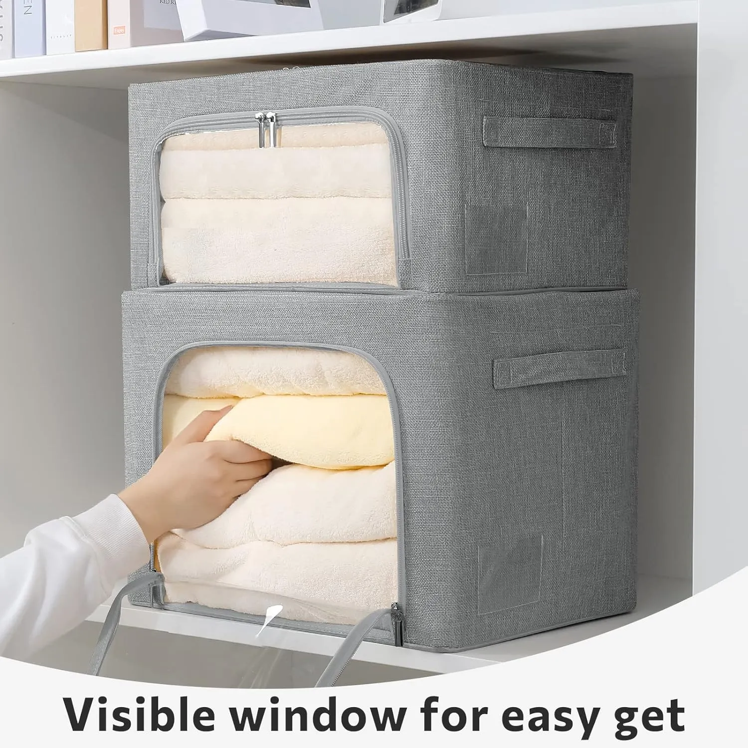 2 Pack Clear Window Storage Bins Foldable Fabric Storage Bins Boxes for Clothes Stackable Box Organizer Set with Carrying Handles (Gray,22L, 15.7x 11.8x 7.8 Inch)