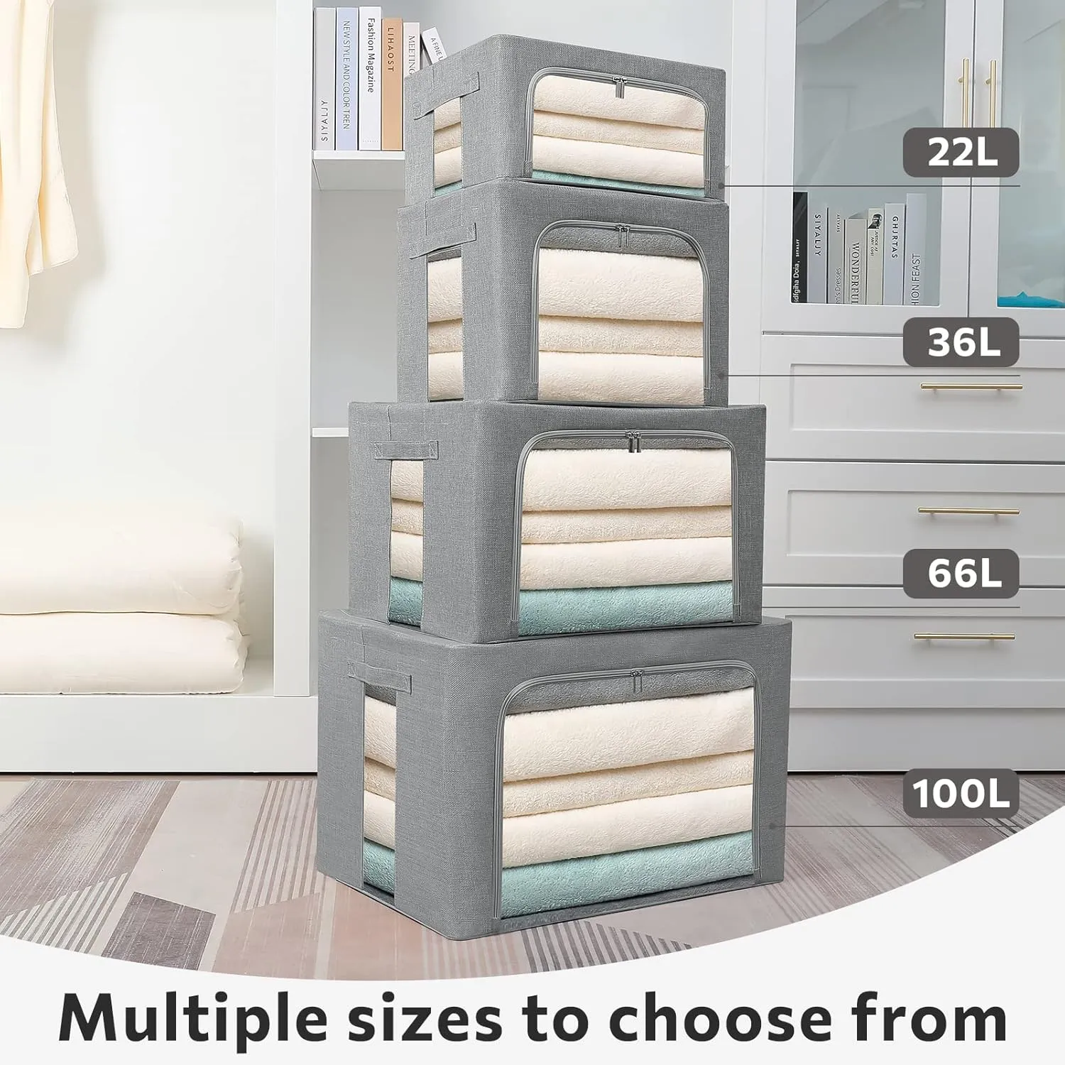 2 Pack Clear Window Storage Bins Foldable Fabric Storage Bins Boxes for Clothes Stackable Box Organizer Set with Carrying Handles (Gray,22L, 15.7x 11.8x 7.8 Inch)