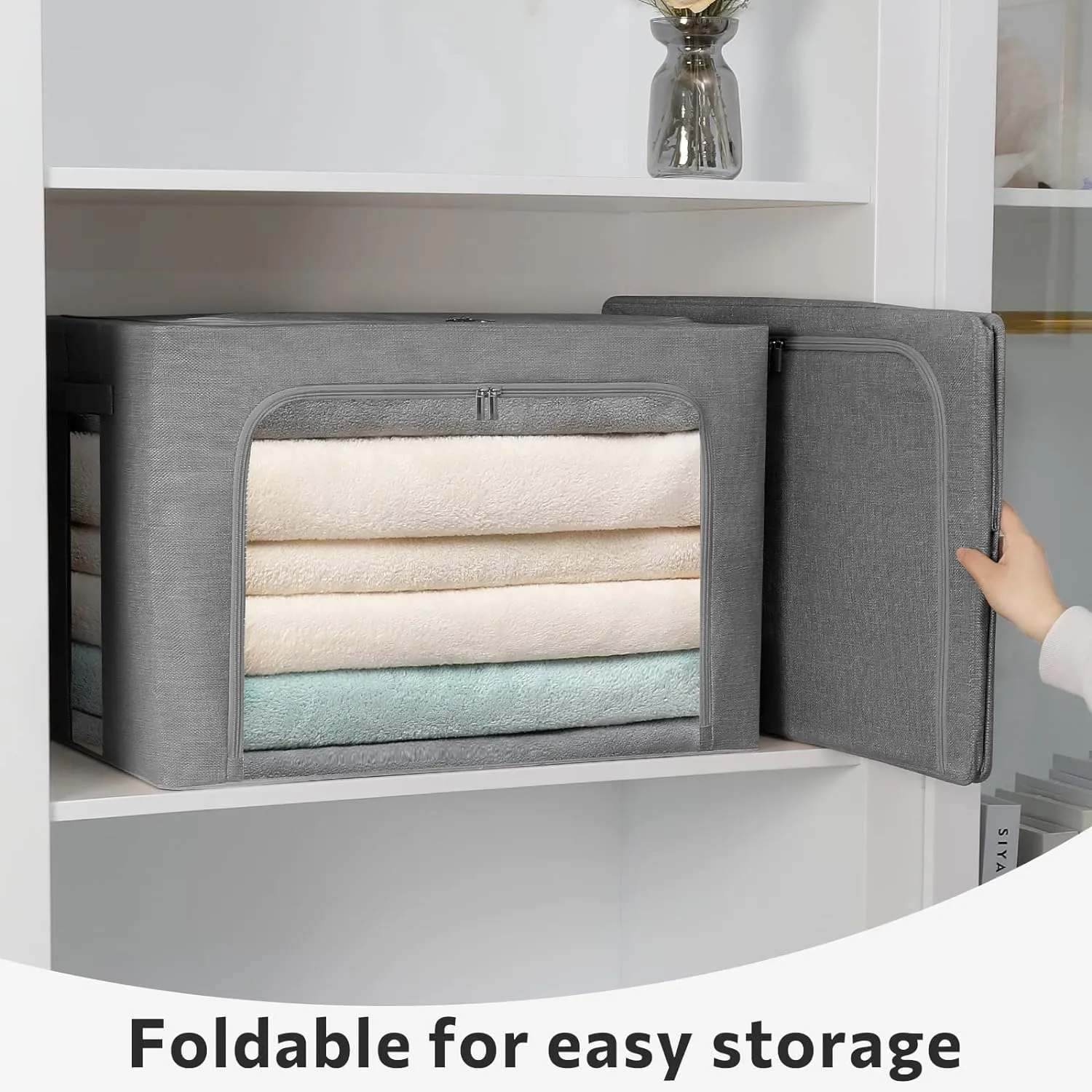 2 Pack Clear Window Storage Bins Foldable Fabric Storage Bins Boxes for Clothes Stackable Box Organizer Set with Carrying Handles (Gray,22L, 15.7x 11.8x 7.8 Inch)