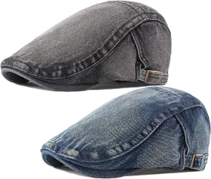 2 Pack Mens Denim Cotton Newsboy Cap Ivy Gatsby Driving Hunting Cabbie Hats