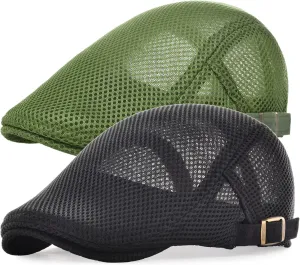 2 Pack Men's Mesh Breathable Summer Newsboy Cap Adjustable Duckbill Driving Hat