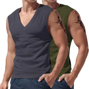 2 Pack Men's Muscle Shirts Fashion V Neck Sleeveless Workout Tank Tops Bodybuilding Gym Fitness Training Sport Tees
