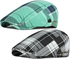 2 Pack Men's Newsboy Flat Cap Adjustable Plaid Ivy Gatsby Cabbie Driving Golf Hat Beret