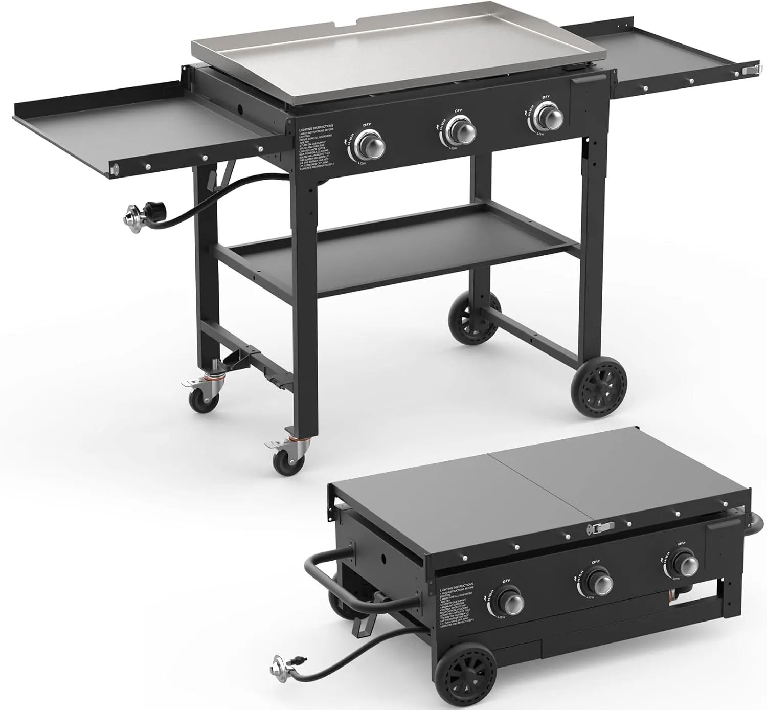 3 Burner Foldable Gas Griddle, 32 Inch Stainless Steel Portable Detachable Propane Griddle, 45,000 BTU Flat Top Barbecue Grill with Side Shelves for Camping