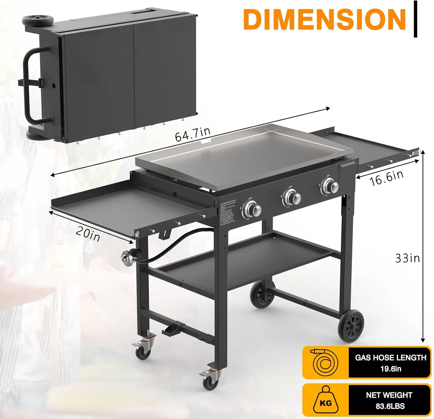 3 Burner Foldable Gas Griddle, 32 Inch Stainless Steel Portable Detachable Propane Griddle, 45,000 BTU Flat Top Barbecue Grill with Side Shelves for Camping