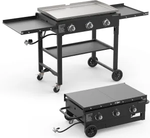 3 Burner Foldable Gas Griddle, 32 Inch Stainless Steel Portable Detachable Propane Griddle, 45,000 BTU Flat Top Barbecue Grill with Side Shelves for Camping