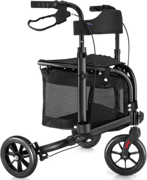 3 Wheel Rollator Walker with Seat for Slim Seniors, Padded Backrest Lightweight Foldable Walker Ideal for Elderly, 8 Inch Tri-Wheel Modern Mobility Walking Aid Aluminum, Black