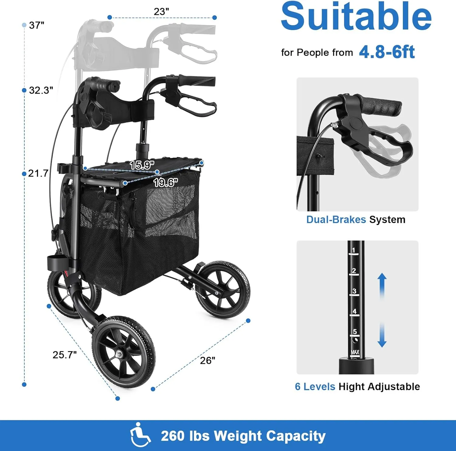 3 Wheel Rollator Walker with Seat for Slim Seniors, Padded Backrest Lightweight Foldable Walker Ideal for Elderly, 8 Inch Tri-Wheel Modern Mobility Walking Aid Aluminum, Black