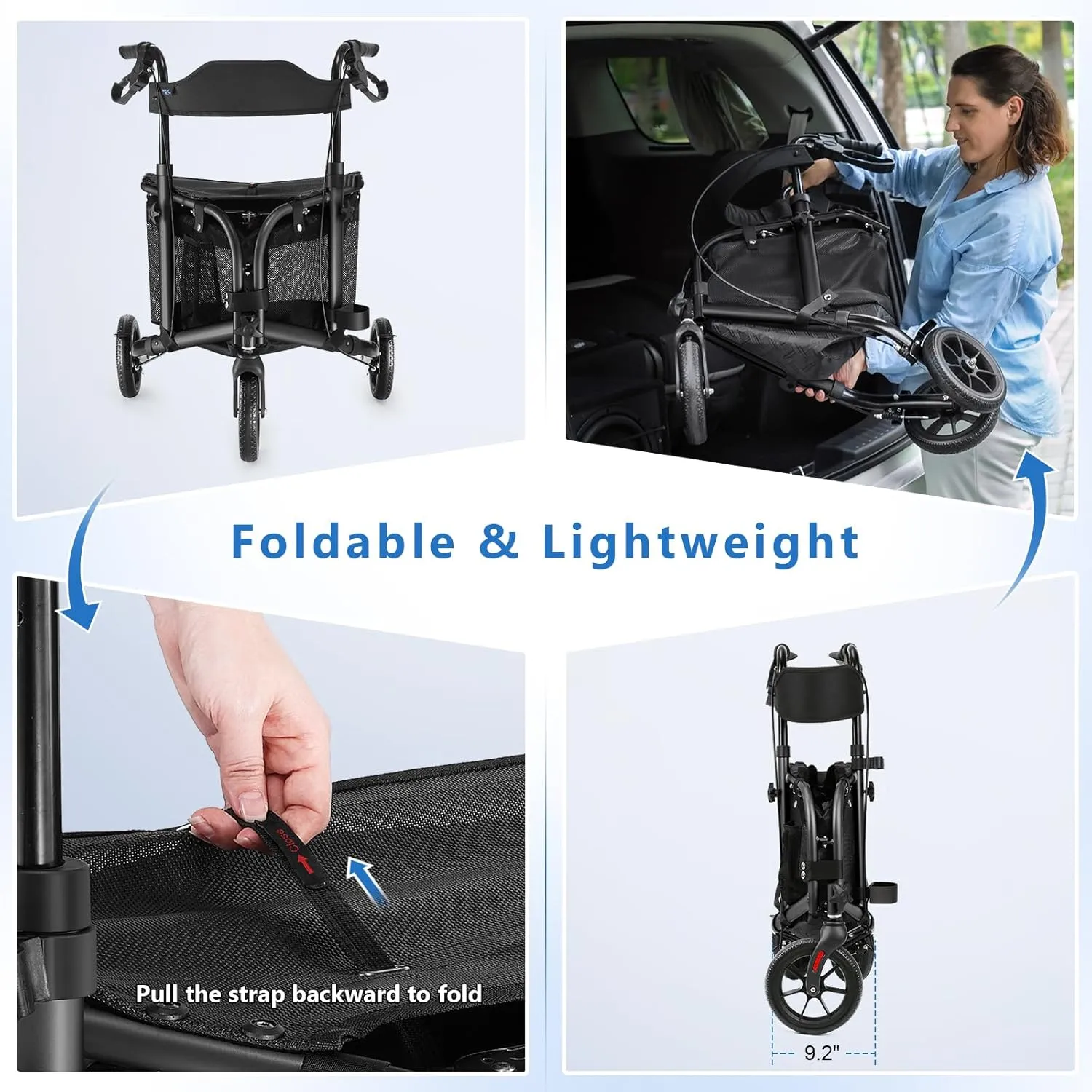 3 Wheel Rollator Walker with Seat for Slim Seniors, Padded Backrest Lightweight Foldable Walker Ideal for Elderly, 8 Inch Tri-Wheel Modern Mobility Walking Aid Aluminum, Black