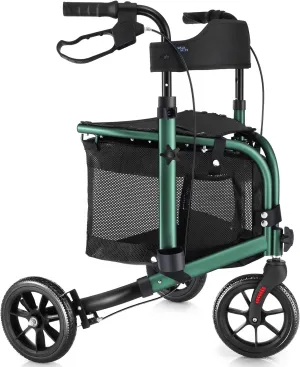 3 Wheel Rollator Walker with Seat for Slim Seniors, Padded Backrest Lightweight Foldable Walker Ideal for Elderly, 8 Inch Tri-Wheel Modern Mobility Walking Aid Aluminum, Green