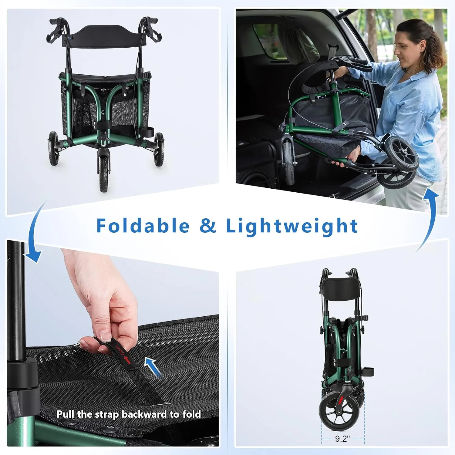3 Wheel Rollator Walker with Seat for Slim Seniors, Padded Backrest Lightweight Foldable Walker Ideal for Elderly, 8 Inch Tri-Wheel Modern Mobility Walking Aid Aluminum, Green