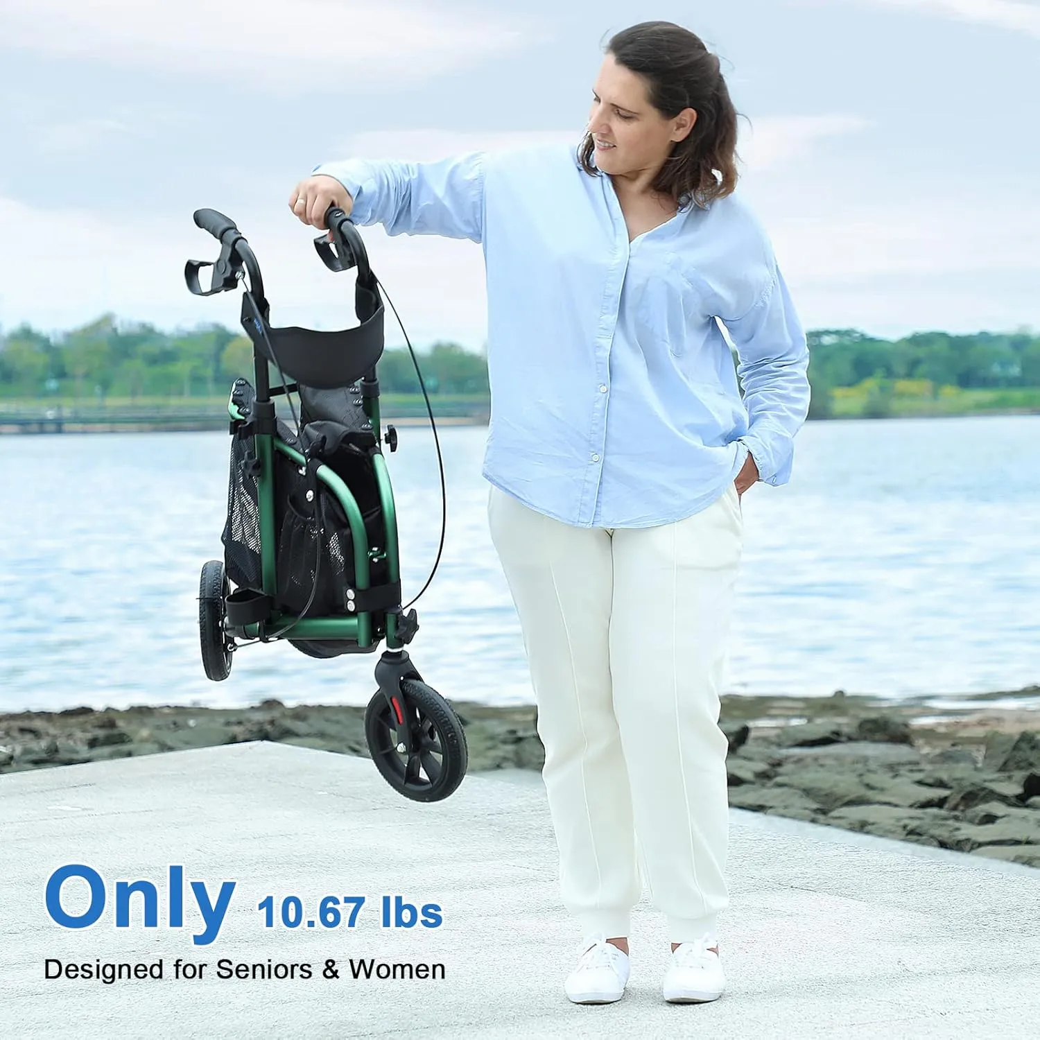 3 Wheel Rollator Walker with Seat for Slim Seniors, Padded Backrest Lightweight Foldable Walker Ideal for Elderly, 8 Inch Tri-Wheel Modern Mobility Walking Aid Aluminum, Green
