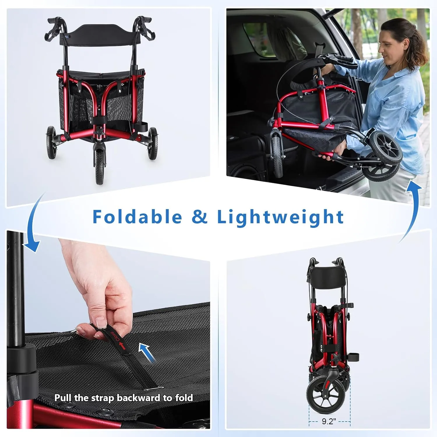 3 Wheel Rollator Walker with Seat for Slim Seniors, Padded Backrest Lightweight Foldable Walker Ideal for Elderly, 8 Inch Tri-Wheel Modern Mobility Walking Aid Aluminum, Red