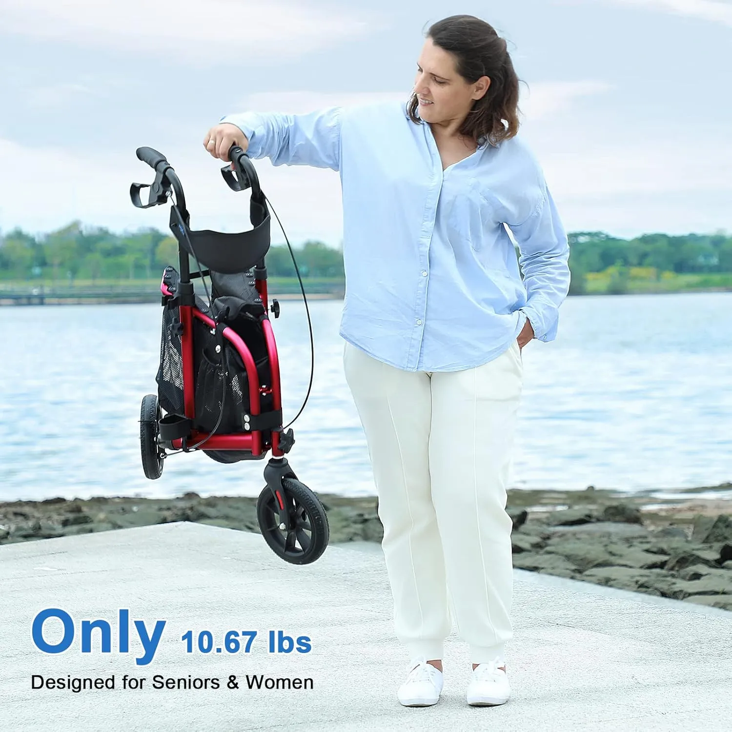 3 Wheel Rollator Walker with Seat for Slim Seniors, Padded Backrest Lightweight Foldable Walker Ideal for Elderly, 8 Inch Tri-Wheel Modern Mobility Walking Aid Aluminum, Red