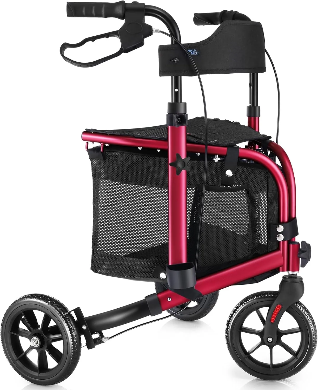 3 Wheel Rollator Walker with Seat for Slim Seniors, Padded Backrest Lightweight Foldable Walker Ideal for Elderly, 8 Inch Tri-Wheel Modern Mobility Walking Aid Aluminum, Red