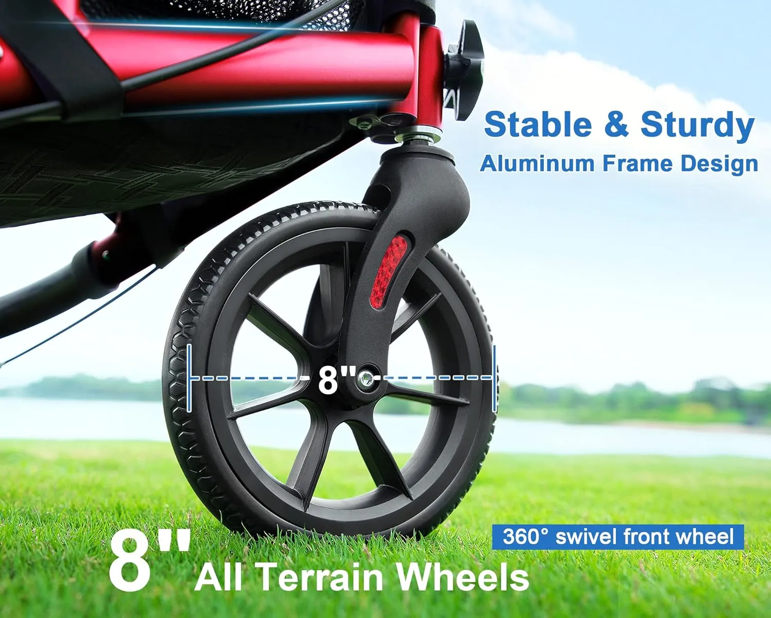 3 Wheel Rollator Walker with Seat for Slim Seniors, Padded Backrest Lightweight Foldable Walker Ideal for Elderly, 8 Inch Tri-Wheel Modern Mobility Walking Aid Aluminum, Red