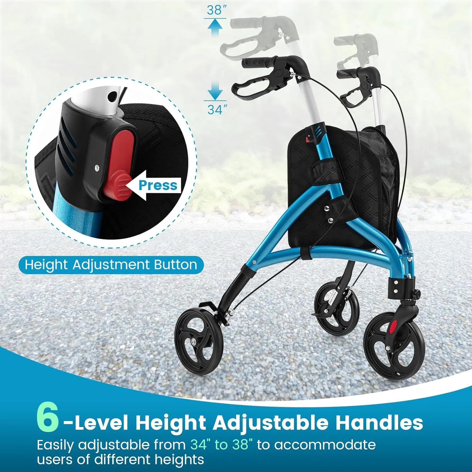 3 Wheel Rolling Walker, Foldable Rollator Walker with Wheels & Storage Bag, Wheeled Walker Mobility Aids for Elderly & Adults (Blue)