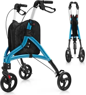 3 Wheel Rolling Walker, Foldable Rollator Walker with Wheels & Storage Bag, Wheeled Walker Mobility Aids for Elderly & Adults (Blue)