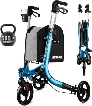 3 Wheel Walkers for Seniors – Foldable Rollator Walker with Cane Hold and Cup Holder, Basket Bag, Adjustable Lightweight Three Wheeled Adult Walkers for Seniors, Blue