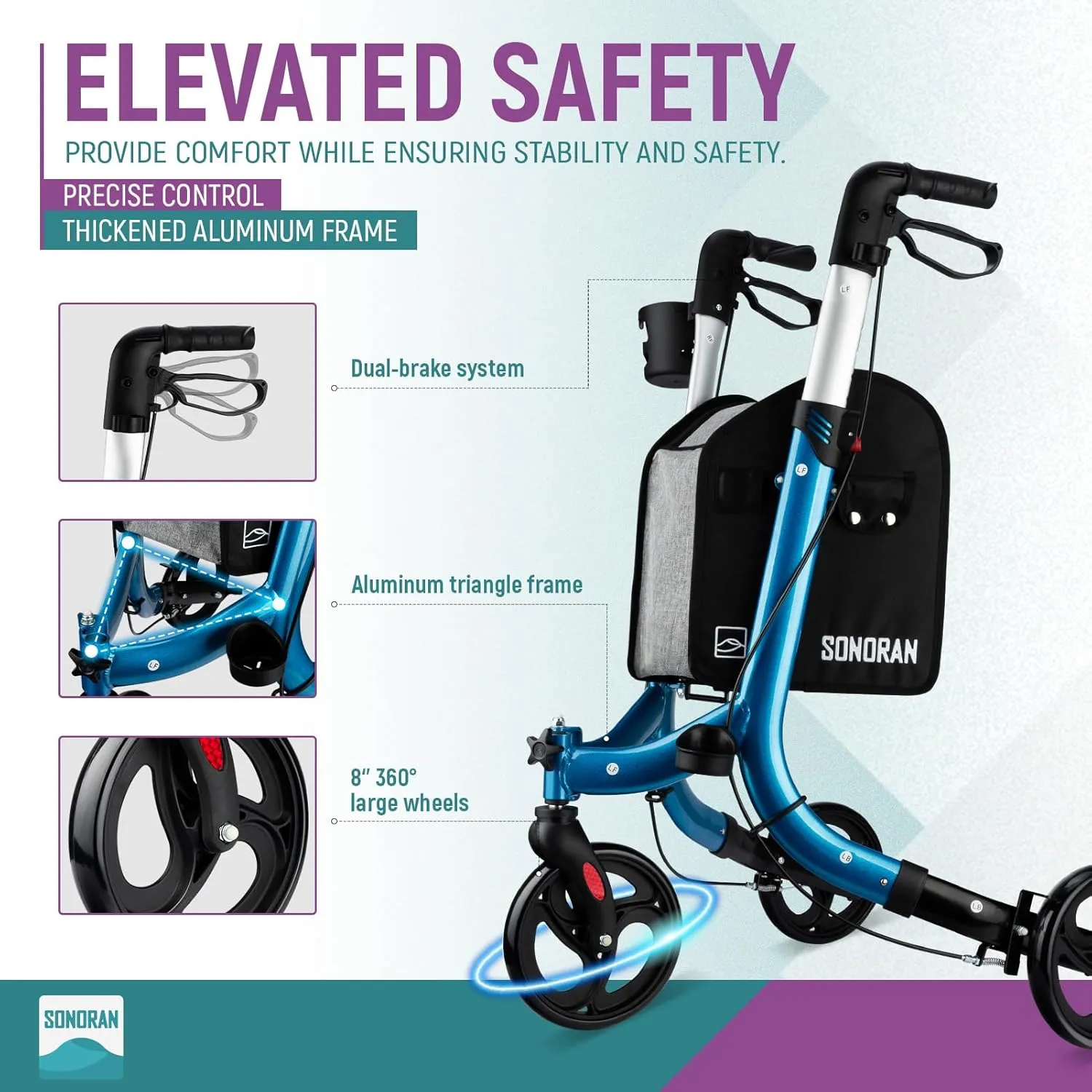 3 Wheel Walkers for Seniors – Foldable Rollator Walker with Cane Hold and Cup Holder, Basket Bag, Adjustable Lightweight Three Wheeled Adult Walkers for Seniors, Blue