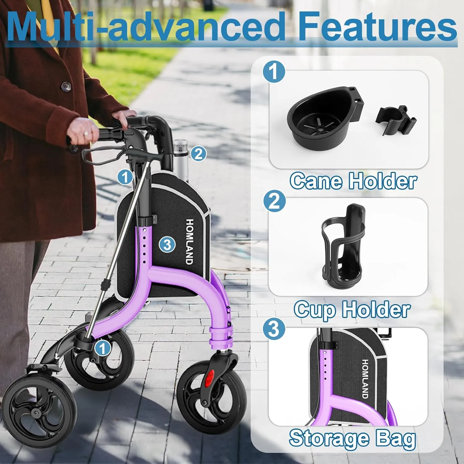 3 Wheel Walkers for Seniors, FSA/HSA Eligible Foldable Wheeled Rollator with Cane Hold and Cup Hold, Lightweight Three Wheel Rolling Walker Height Adjustable for Seniors