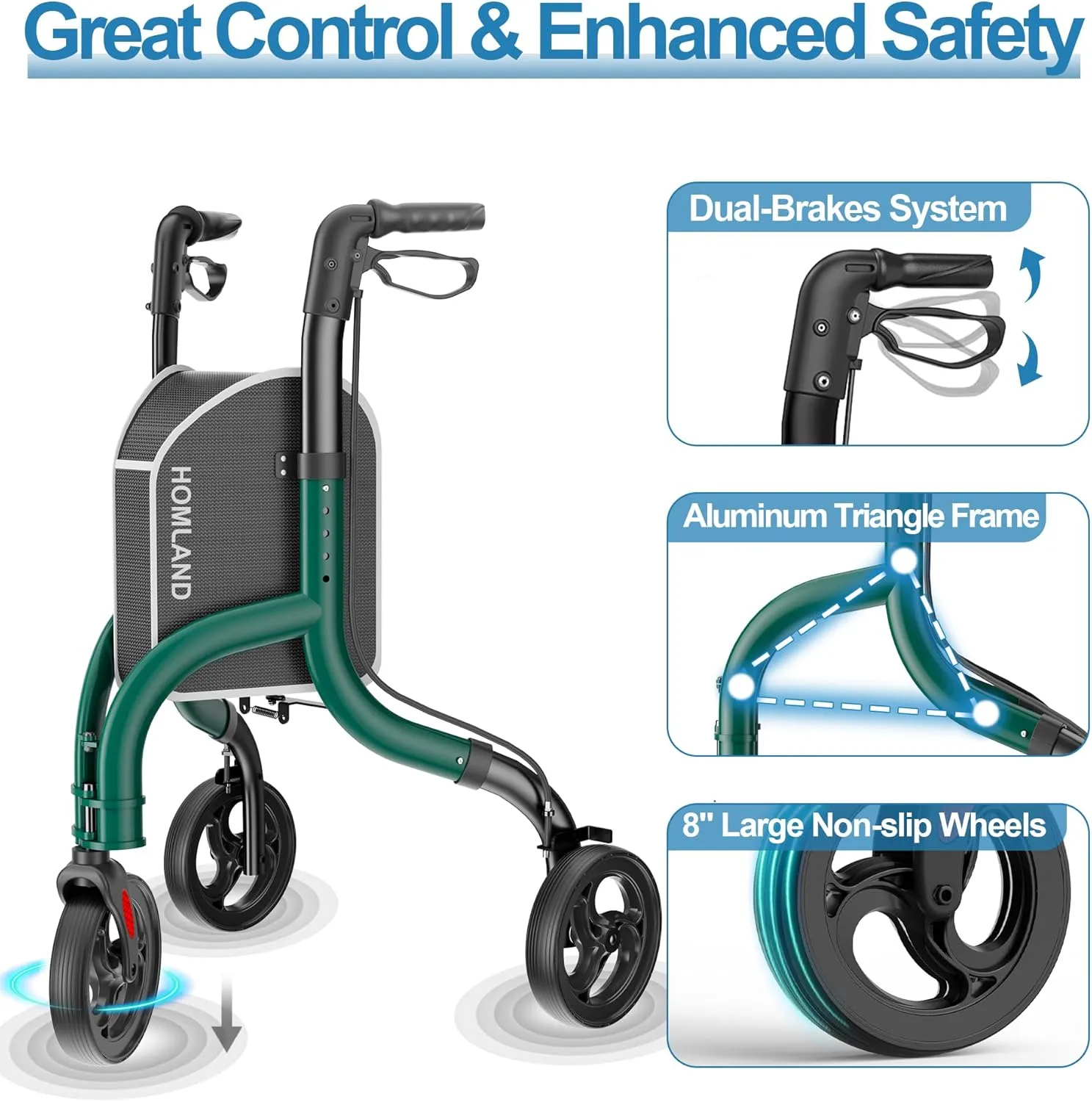 3 Wheel Walkers for Seniors, FSA/HSA Eligible Foldable Wheeled Rollator with Cane Hold and Cup Hold, Lightweight Three Wheel Rolling Walker Height Adjustable for Seniors