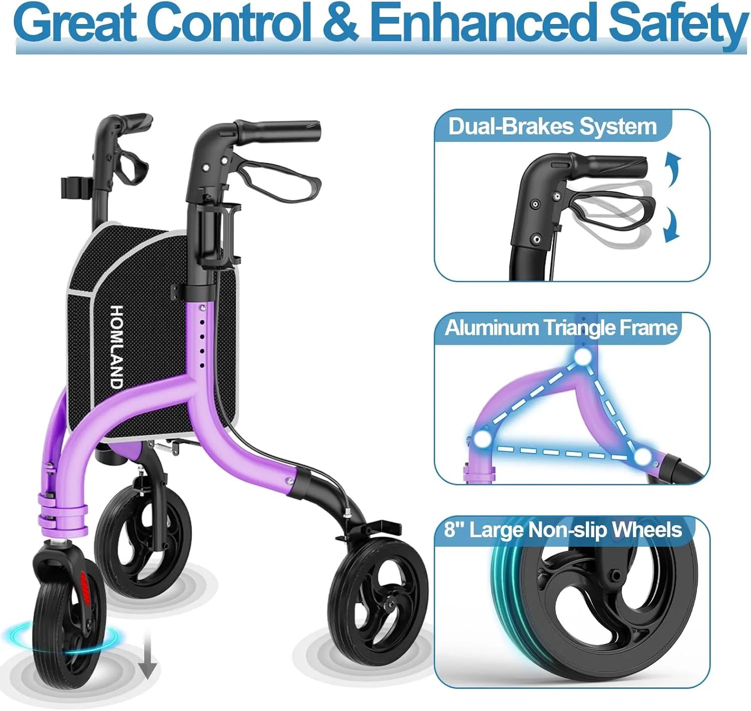 3 Wheel Walkers for Seniors, FSA/HSA Eligible Foldable Wheeled Rollator with Cane Hold and Cup Hold, Lightweight Three Wheel Rolling Walker Height Adjustable for Seniors