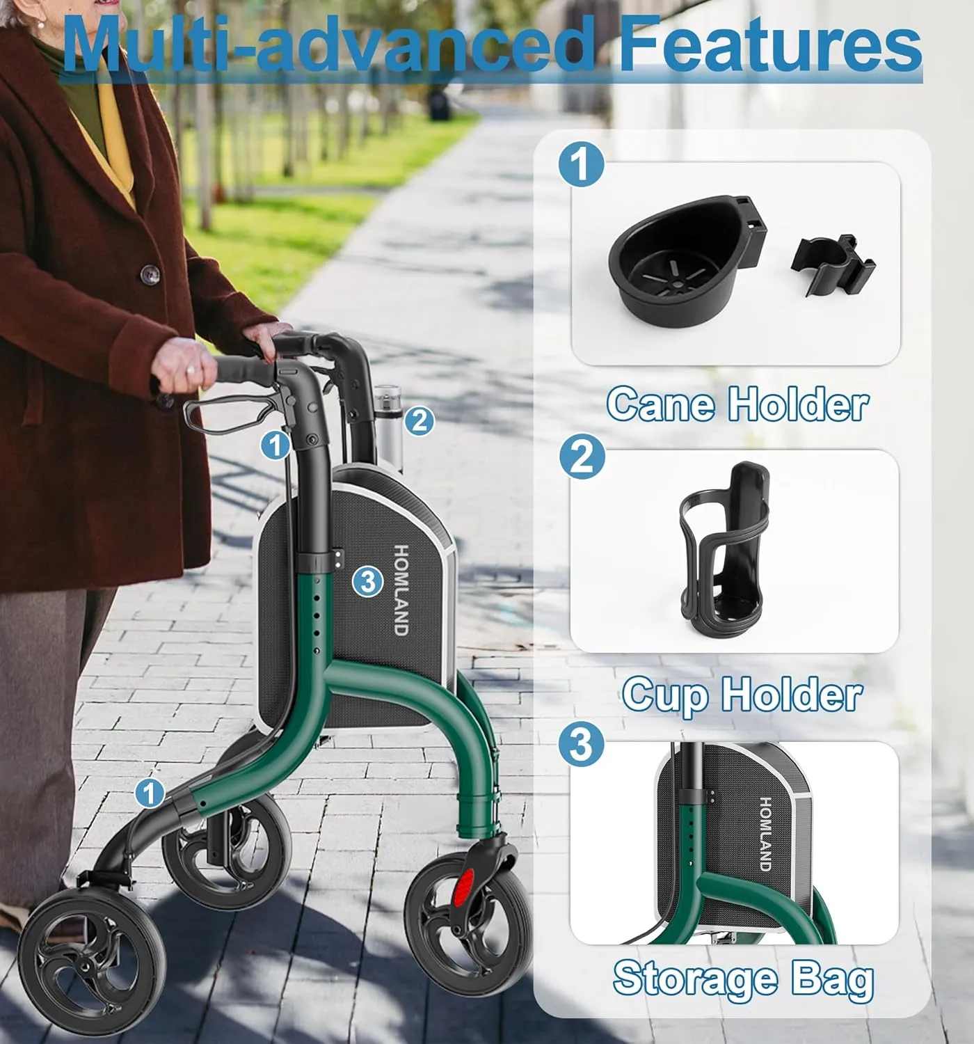 3 Wheel Walkers for Seniors, FSA/HSA Eligible Foldable Wheeled Rollator with Cane Hold and Cup Hold, Lightweight Three Wheel Rolling Walker Height Adjustable for Seniors