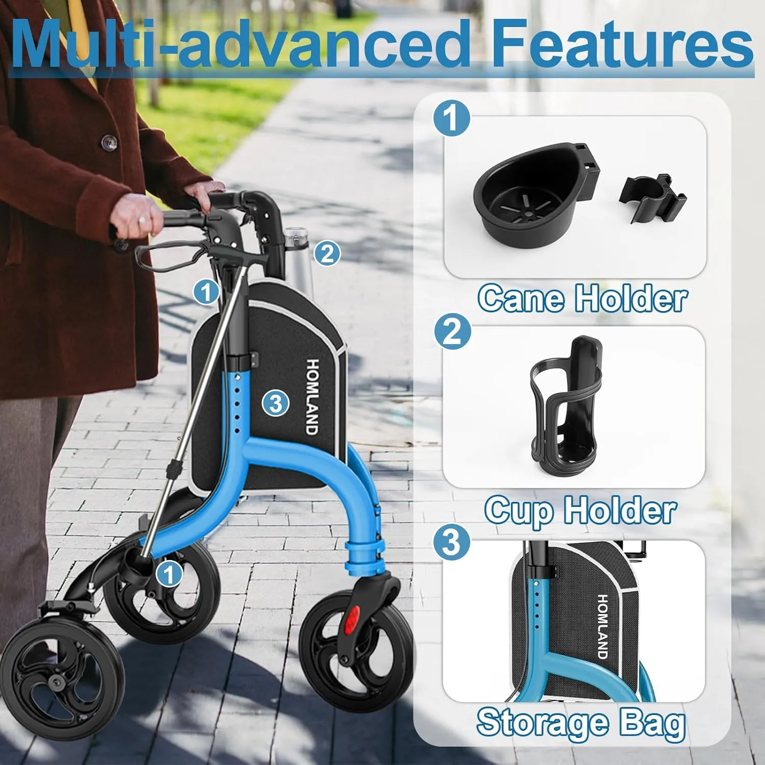 3 Wheel Walkers for Seniors, FSA/HSA Eligible Foldable Wheeled Rollator with Cane Hold and Cup Hold, Three Wheel Rolling Walker Height Adjustable for Seniors