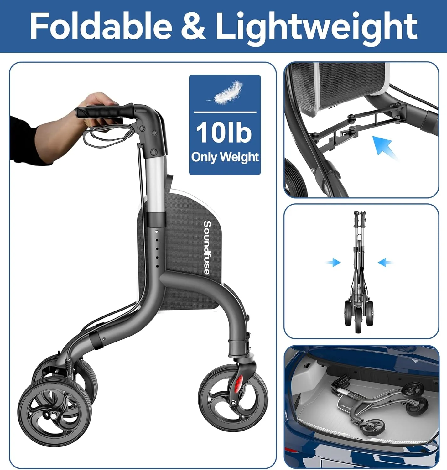 3 Wheel Walkers for Seniors, Lightweight Foldable Aluminum Rollator Walker, Height Adjustable Three Wheel Walker, FSA HSA Eligible, Black