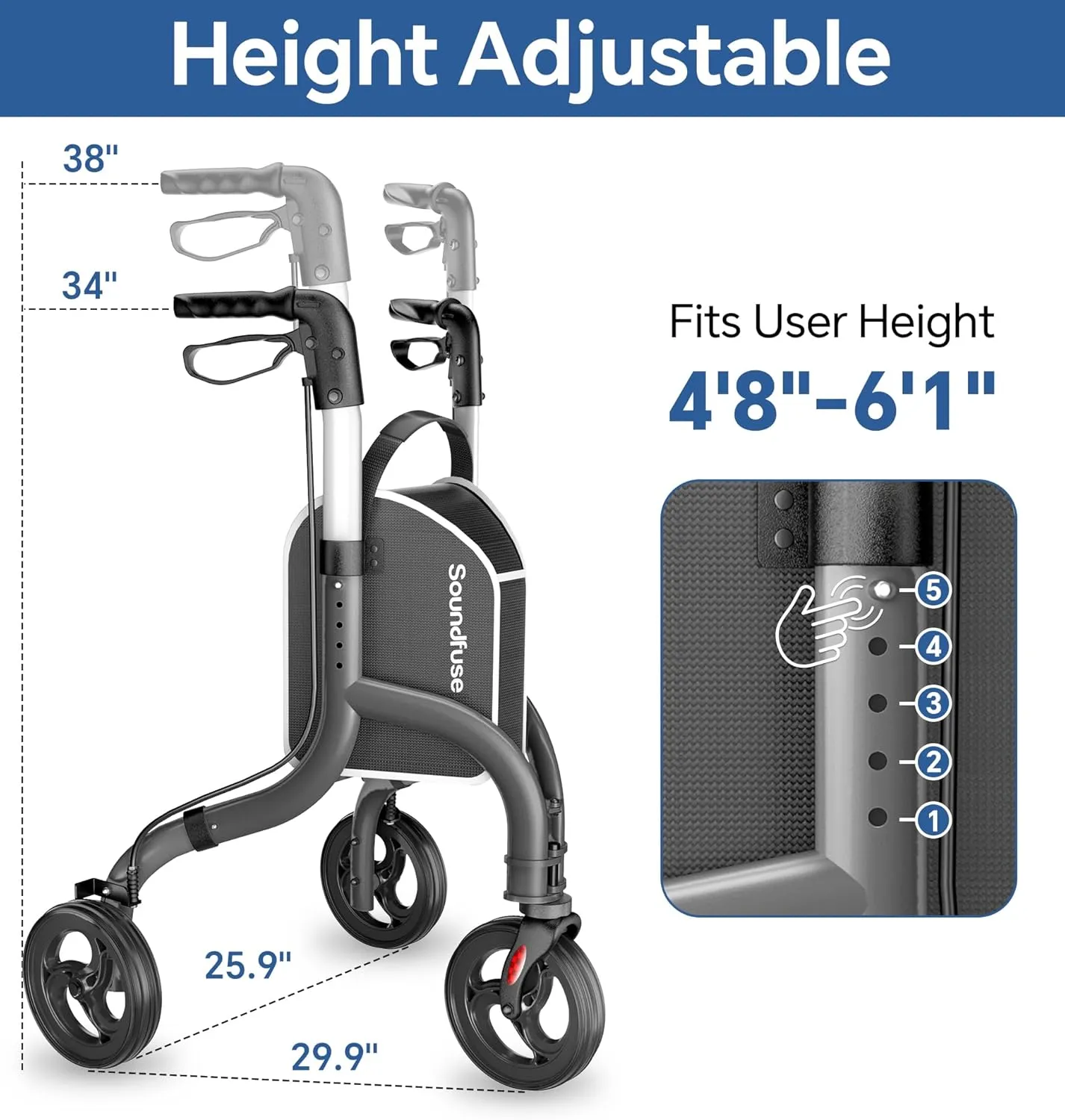 3 Wheel Walkers for Seniors, Lightweight Foldable Aluminum Rollator Walker, Height Adjustable Three Wheel Walker, FSA HSA Eligible, Black