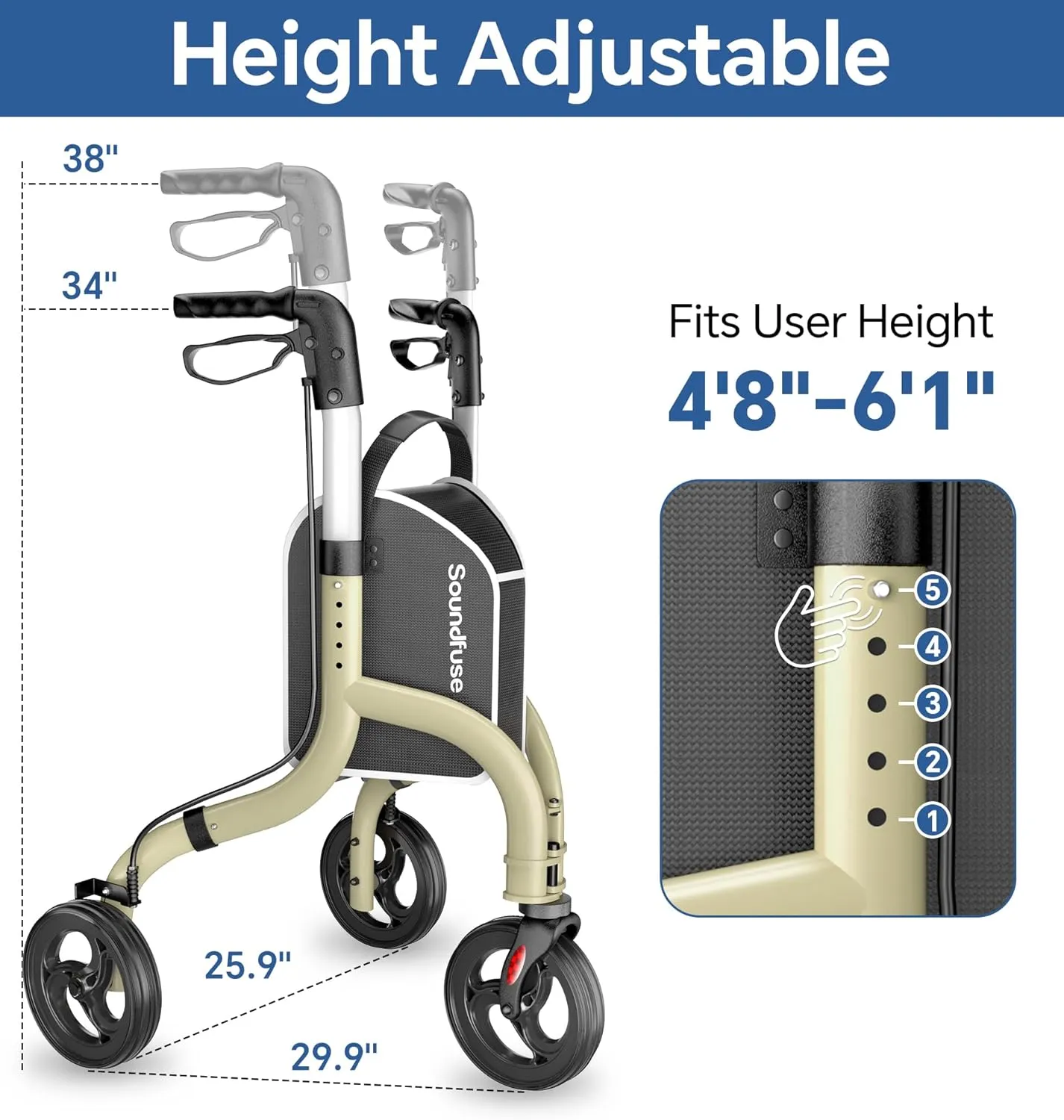 3 Wheel Walkers for Seniors, Lightweight Foldable Aluminum Rollator Walker, Height Adjustable Three Wheel Walker, FSA HSA Eligible, Champagne