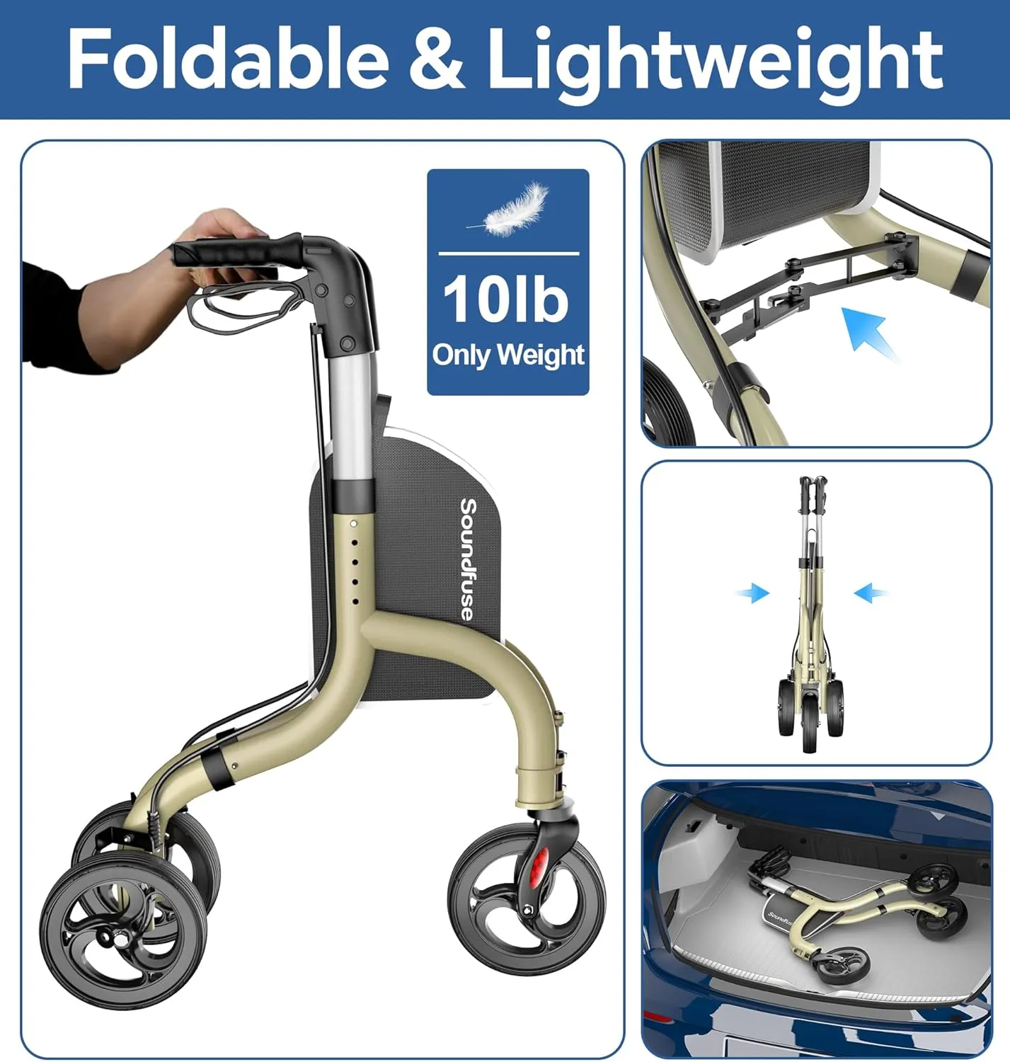 3 Wheel Walkers for Seniors, Lightweight Foldable Aluminum Rollator Walker, Height Adjustable Three Wheel Walker, FSA HSA Eligible, Champagne