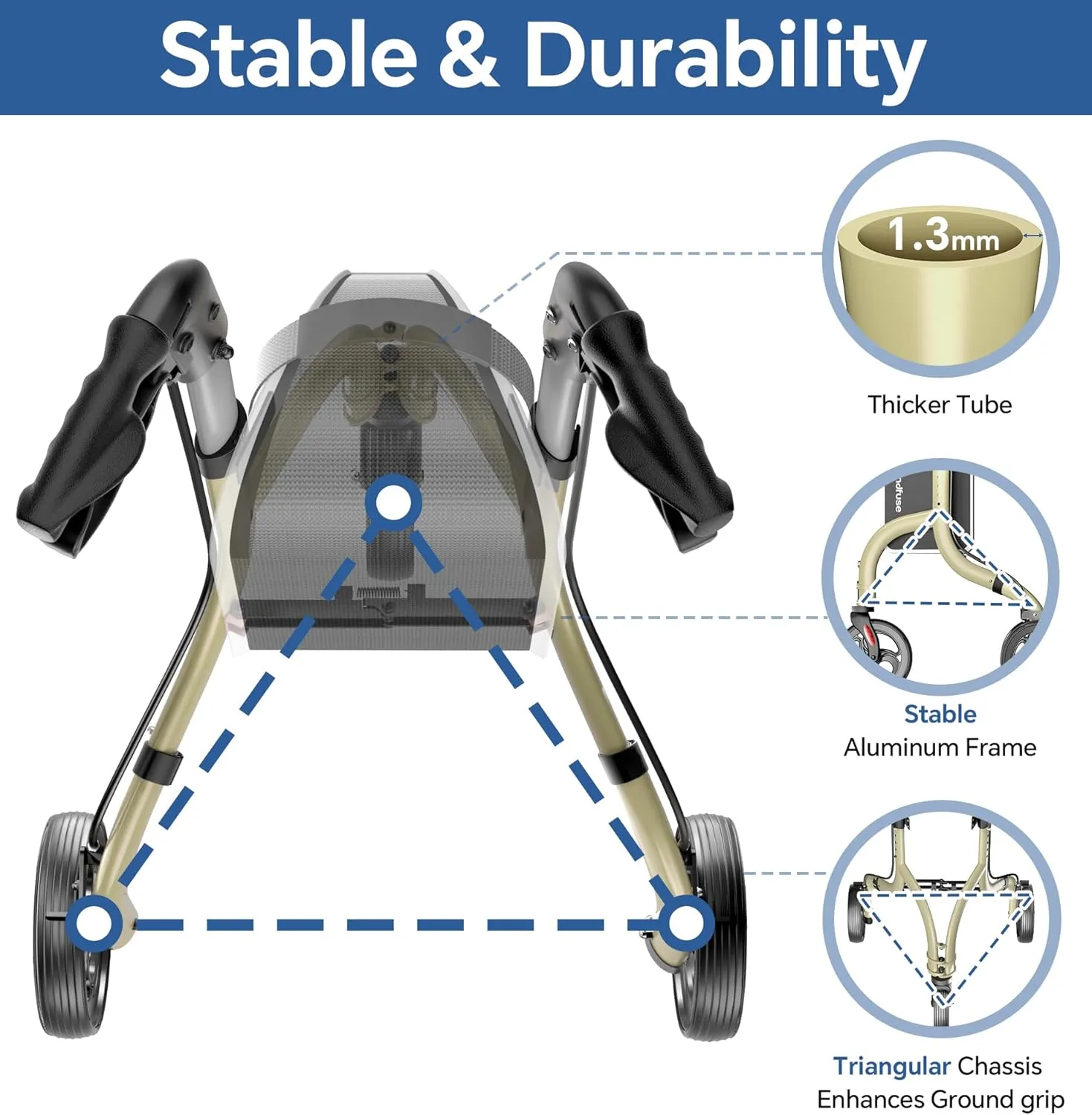 3 Wheel Walkers for Seniors, Lightweight Foldable Aluminum Rollator Walker, Height Adjustable Three Wheel Walker, FSA HSA Eligible, Champagne