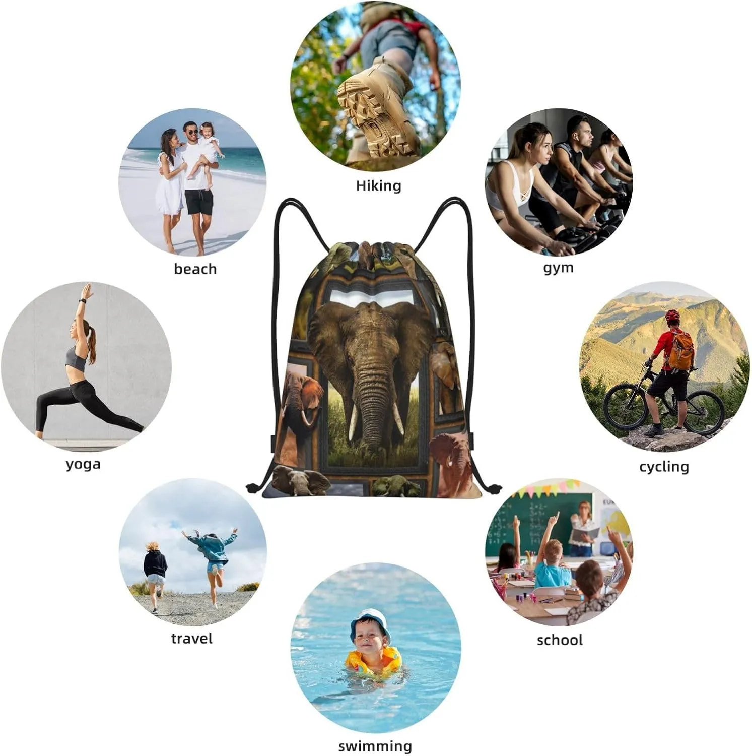 3D African Elephants Drawstring Gym Bags Draw String Bags Drawstring Backpack for Sports, Gym, Travel, Swimming, Beach